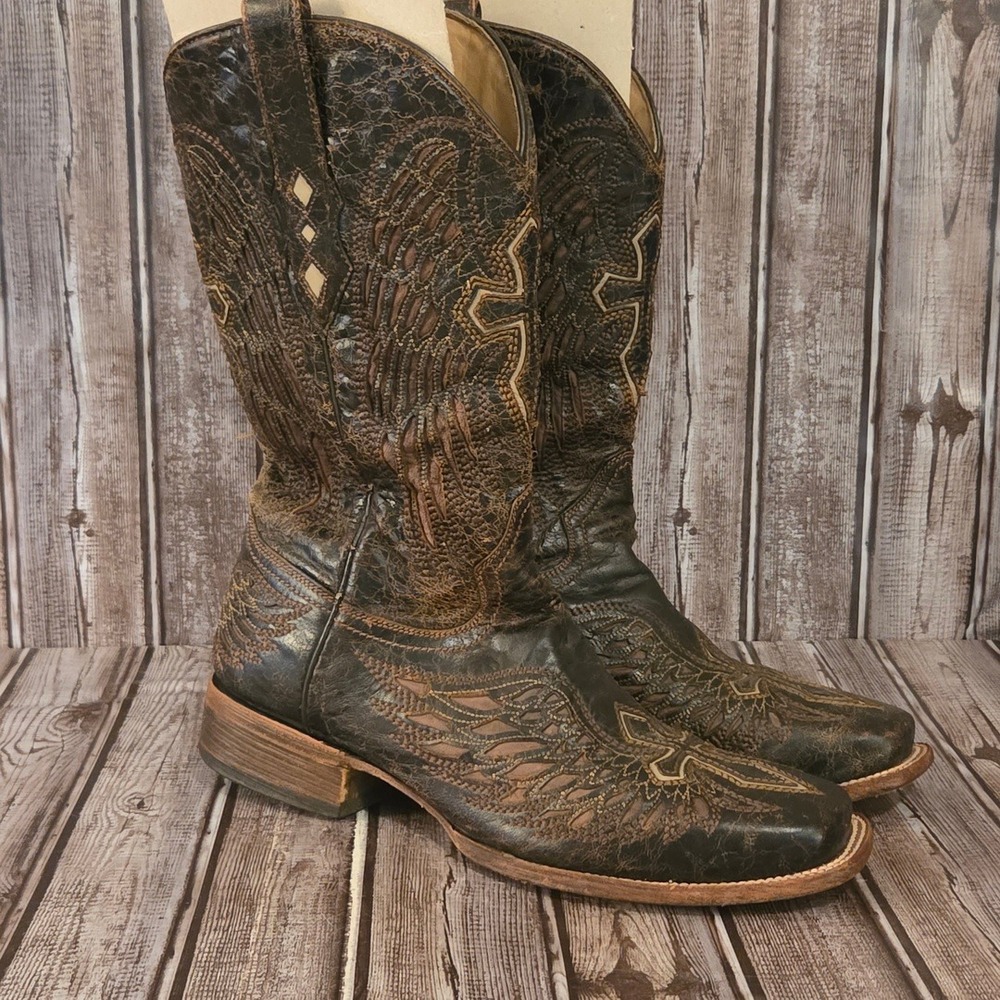 Sz 9.5 D Mens Corral Wing & Cross Black Brown Distressed Leather Western Boots